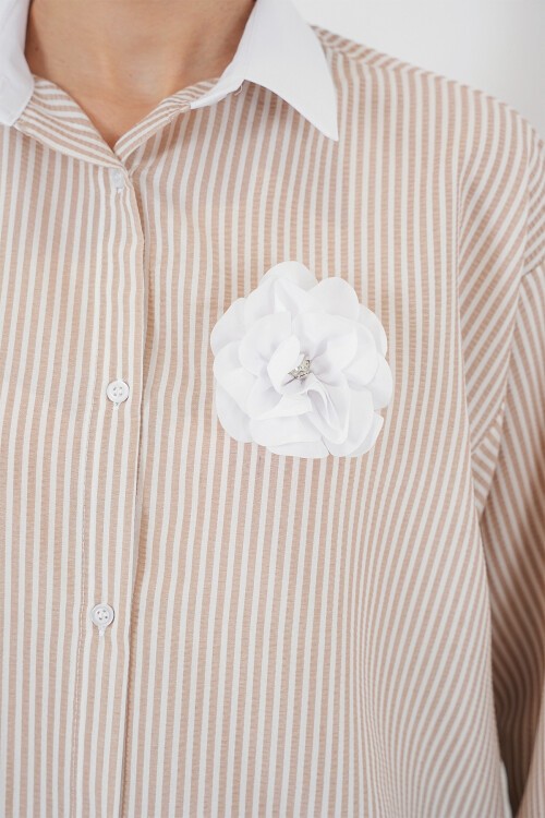 Merterium Kadın Uzun Çizgili Gömlek 5962 - Bej