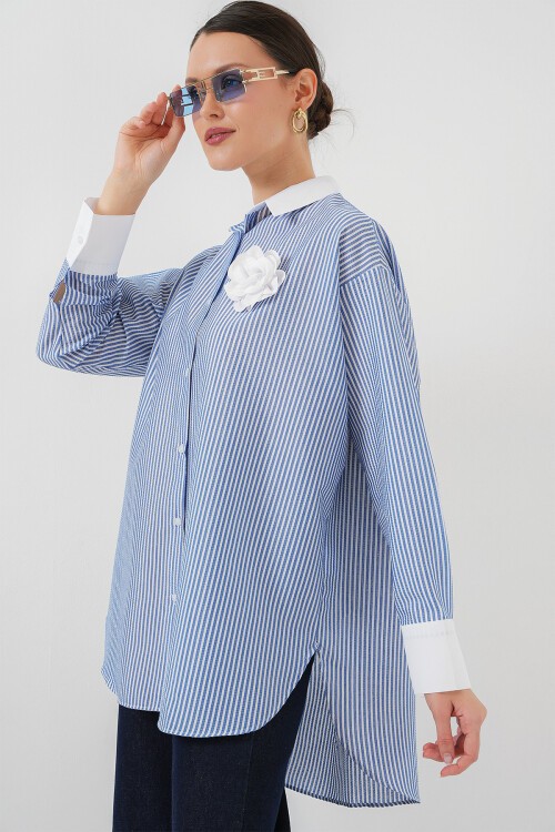 Merterium Kadın Uzun Çizgili Gömlek 5962 - Mavi