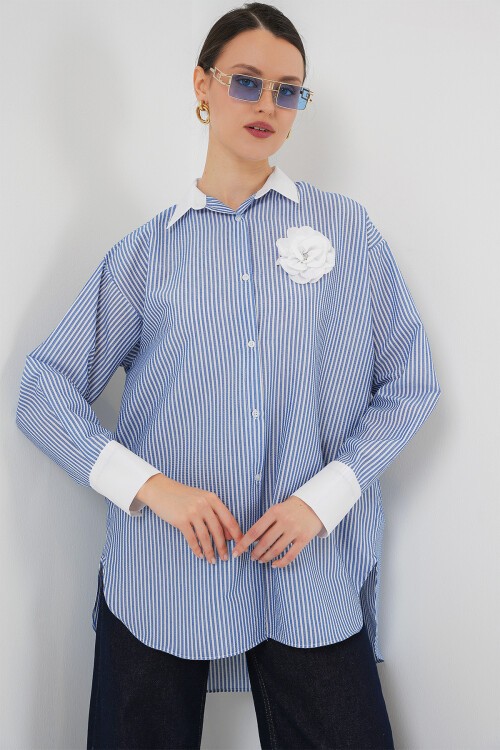 Merterium Kadın Uzun Çizgili Gömlek 5962 - Mavi