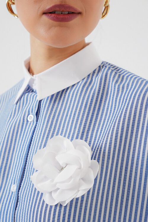 Merterium Kadın Uzun Çizgili Gömlek 5962 - Mavi