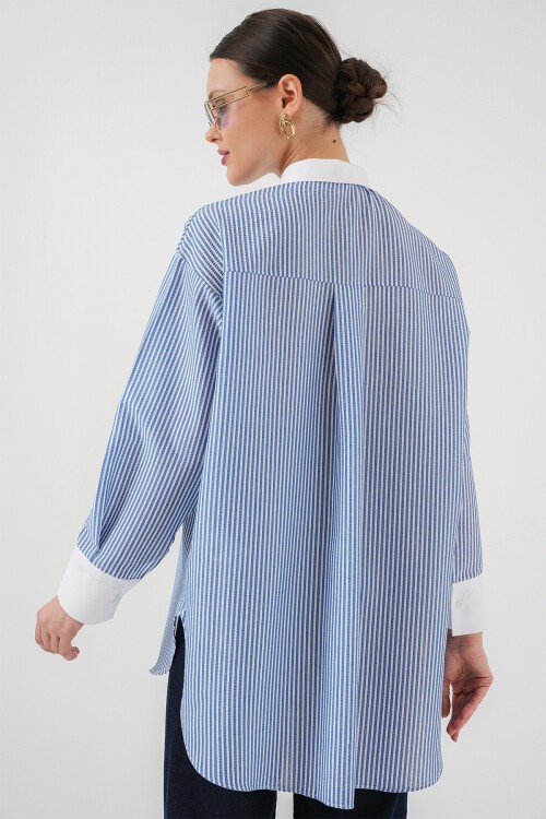 Merterium Kadın Uzun Çizgili Gömlek 5962 - Mavi
