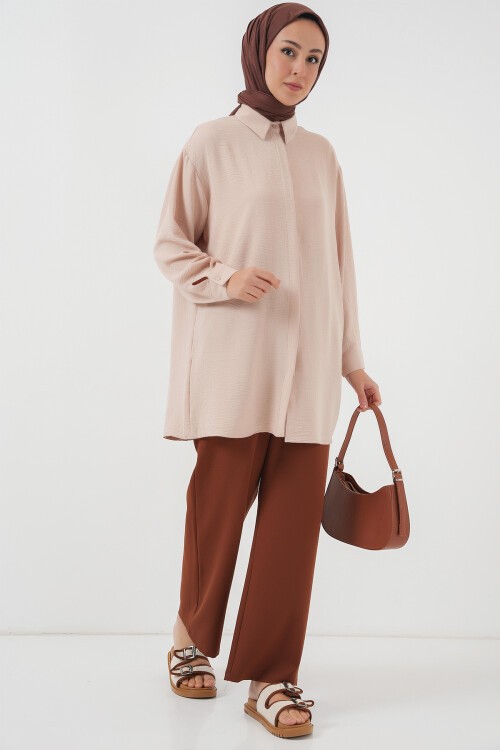 Merterium Kadın Uzun Gömlek Tunik 5945 - Krem