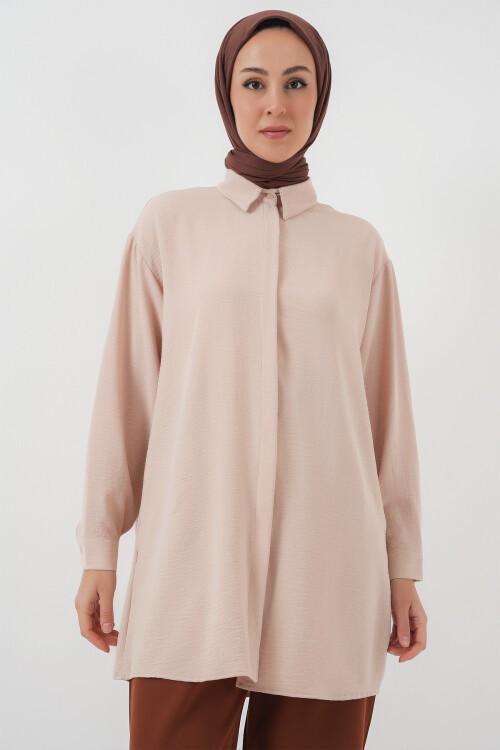 Merterium Kadın Uzun Gömlek Tunik 5945 - Krem