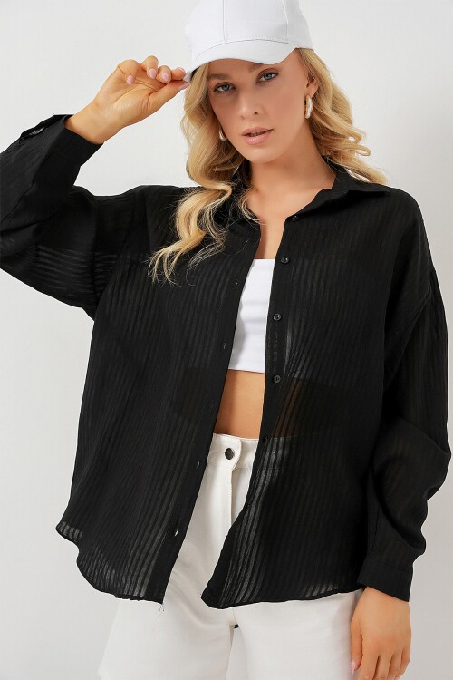 Merterium Kadın Uzun Oversize Gömlek 20320 - Siyah