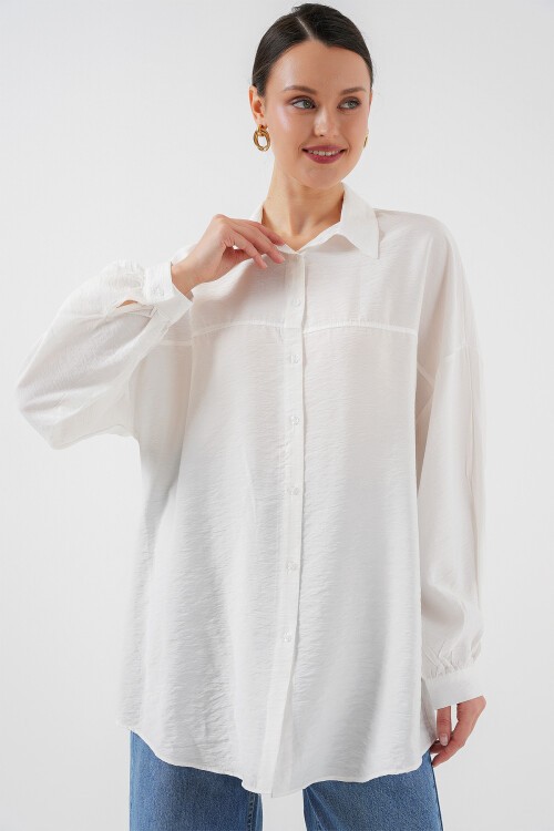 Merterium Kadın Uzun Oversize Gömlek 5965 - Beyaz