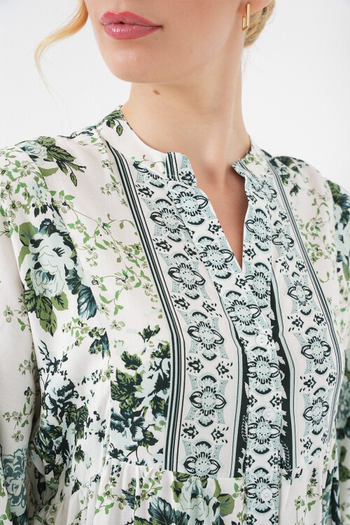 Kadın Yeşil Beyaz Lacivert Viskon Tesettür Elbise 2423