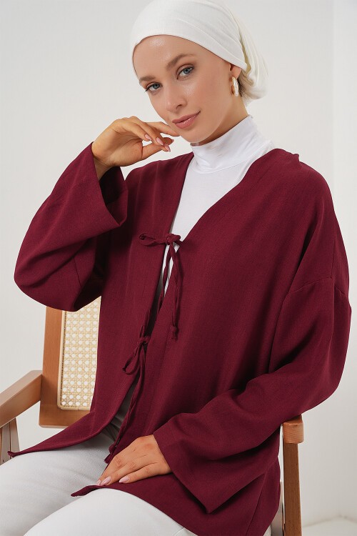 Merterium Keten Tesettür Kimono 5968 - Bordo