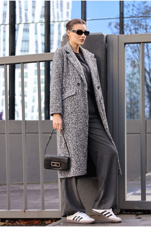 Merterium Siyah Oversize Uzun Buklet Kaban 9127