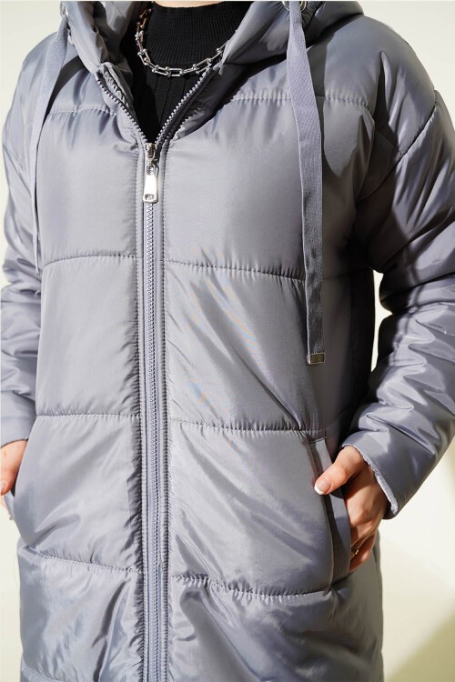 Merterium T5120 Kapşonlu Uzun Şişme Tesettür Mont - Gri