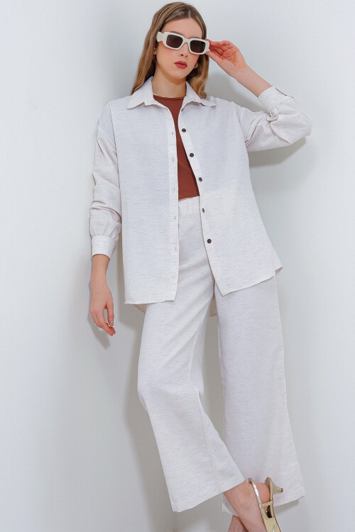 Merterium T6624 Bol Paça Keten Alt Üst Takım - Krem