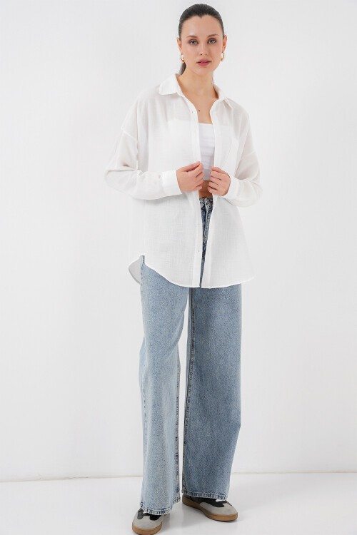 Tek Cepli Oversize Keten Gömlek - Beyaz