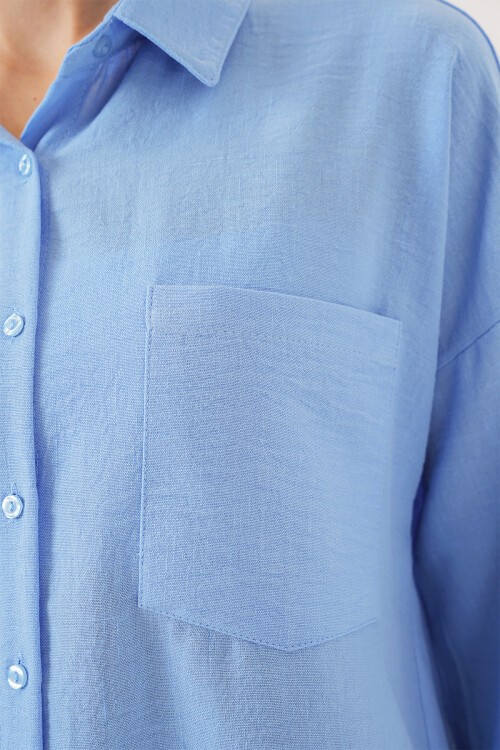 Tek Cepli Oversize Keten Gömlek - Mavi