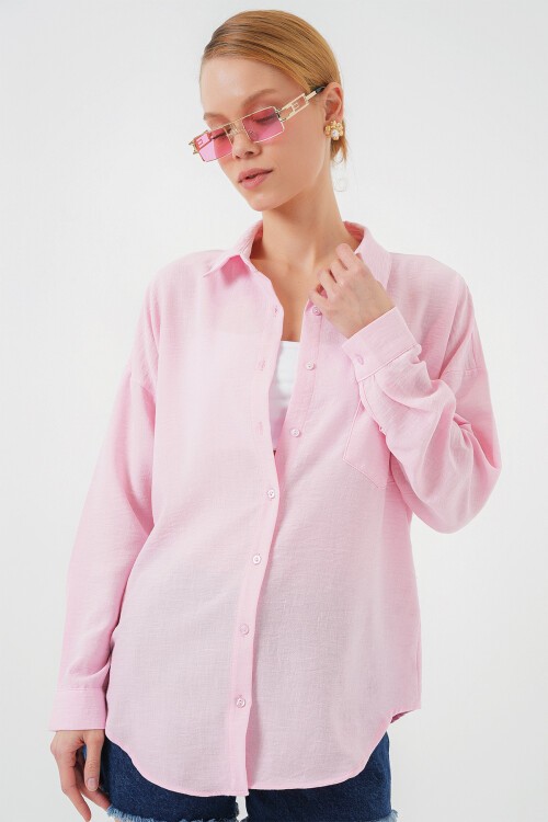 Tek Cepli Oversize Keten Gömlek - Pembe