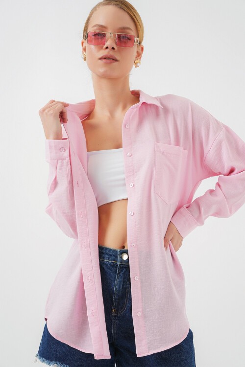 Tek Cepli Oversize Keten Gömlek - Pembe