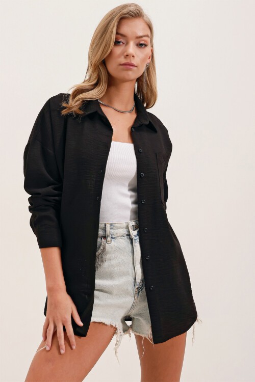 Tek Cepli Oversize Keten Gömlek - Siyah