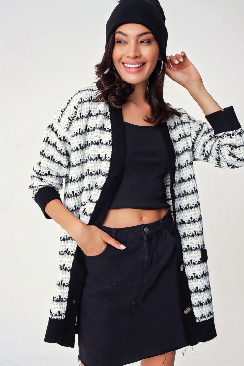 10298 Tüvil Görünümlü Triko Hırka - Beyaz