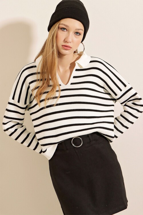 15767 Polo Yaka Triko Kazak - Beyaz