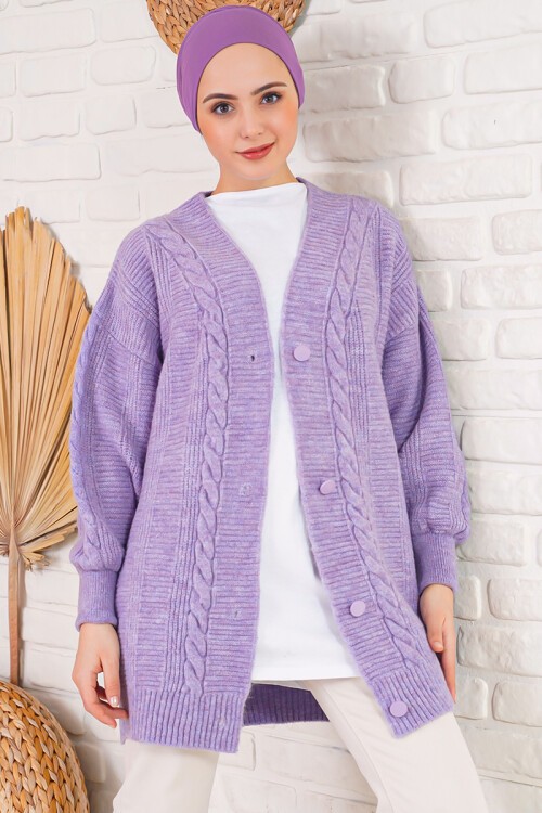 15768 Tesettür Triko Hırka - Lila