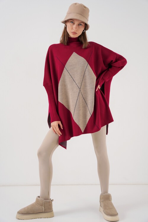 15783 Yırtmaçlı Panço Kazak - C. Bordo