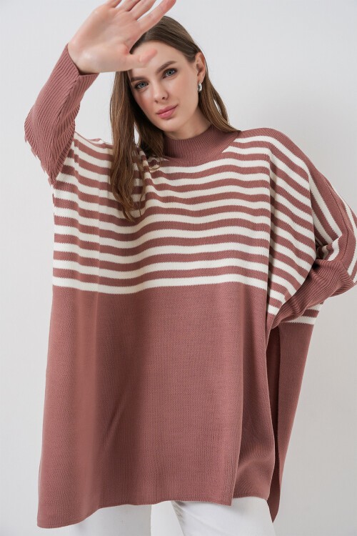 15783 Yırtmaçlı Panço Kazak - D.Gül Kurusu