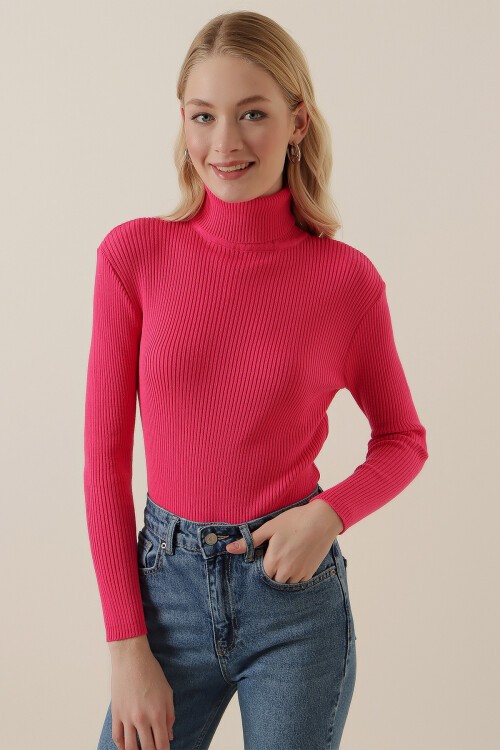 15796 Balıkçı Yaka Fitilli Kazak - Fuşya