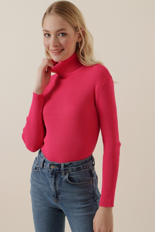 15796 Balıkçı Yaka Fitilli Kazak - Fuşya