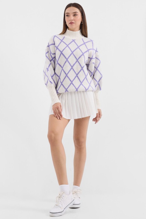 15889 Balıkçı Yaka Oversize Triko Kazak - Lila