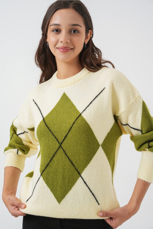 15895 Baklava Desenli Oversize Triko Kazak - Açık Sarı