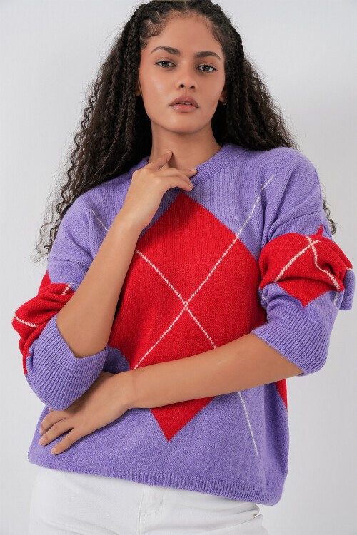 15895 Baklava Desenli Oversize Triko Kazak - B.Lila