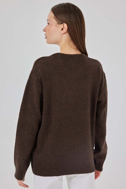 15895 Baklava Desenli Oversize Triko Kazak - C. Kahverengi