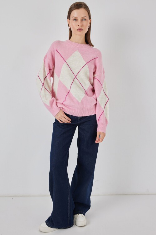 15895 Baklava Desenli Oversize Triko Kazak - C. Pembe