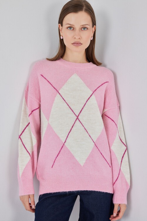 15895 Baklava Desenli Oversize Triko Kazak - C. Pembe