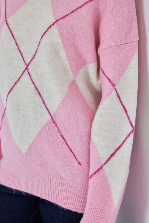 15895 Baklava Desenli Oversize Triko Kazak - C. Pembe