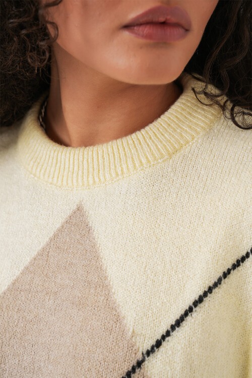 15895 Baklava Desenli Oversize Triko Kazak - C. Vizon