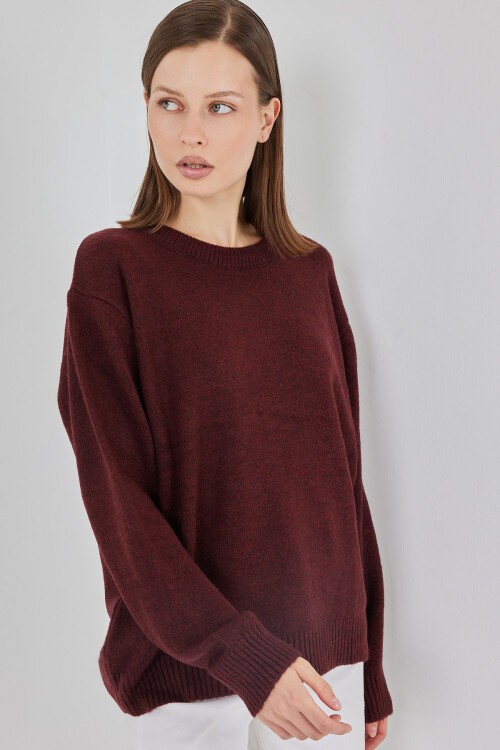 15895 Baklava Desenli Oversize Triko Kazak - D. Bordo