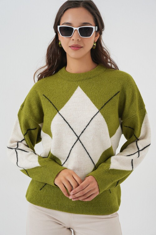 15895 Baklava Desenli Oversize Triko Kazak - E.Yeşil