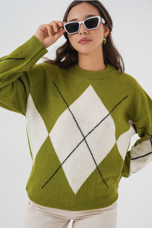 15895 Baklava Desenli Oversize Triko Kazak - E.Yeşil