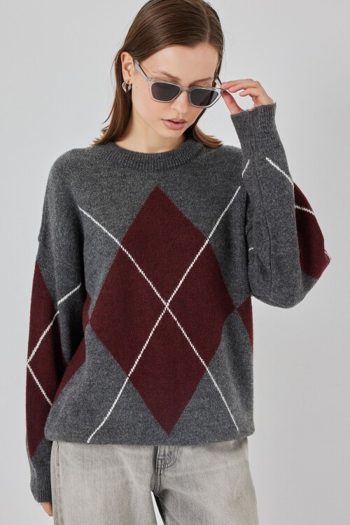 15895 Baklava Desenli Oversize Triko Kazak - K. Antrasit