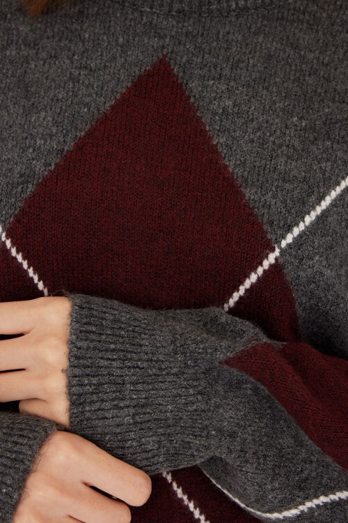 15895 Baklava Desenli Oversize Triko Kazak - K. Antrasit