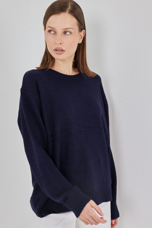 15895 Baklava Desenli Oversize Triko Kazak - K. Lacivert