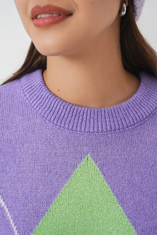 15895 Baklava Desenli Oversize Triko Kazak - Lila