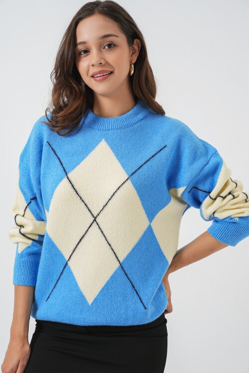 15895 Baklava Desenli Oversize Triko Kazak - Mavi