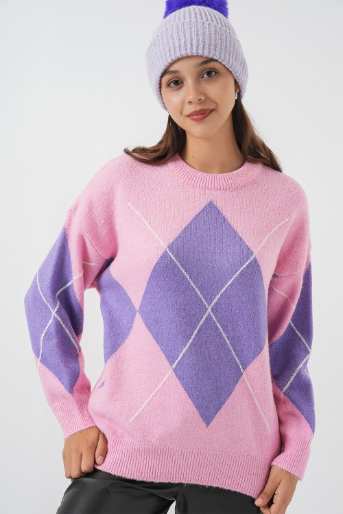 15895 Baklava Desenli Oversize Triko Kazak - Pembe