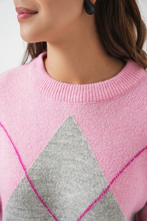 15895 Baklava Desenli Oversize Triko Kazak - Y.Pembe