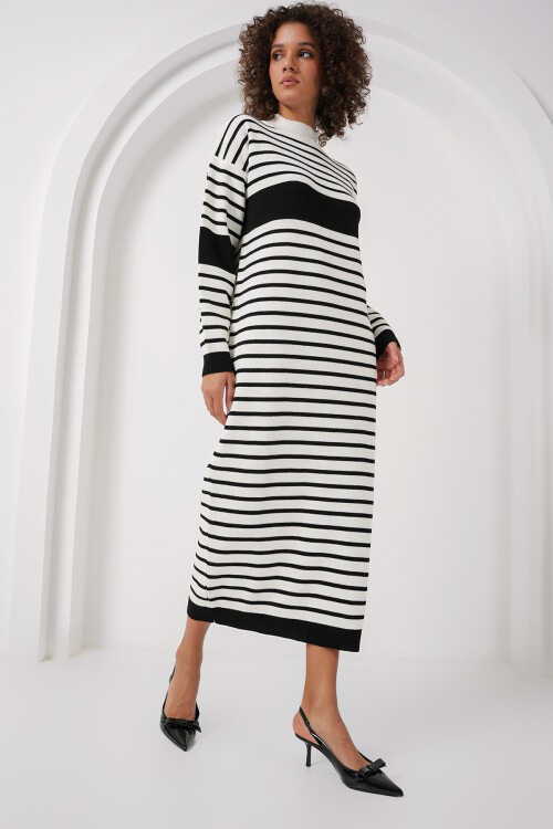 15898 Çizgili Uzun Triko Elbise - D. Siyah
