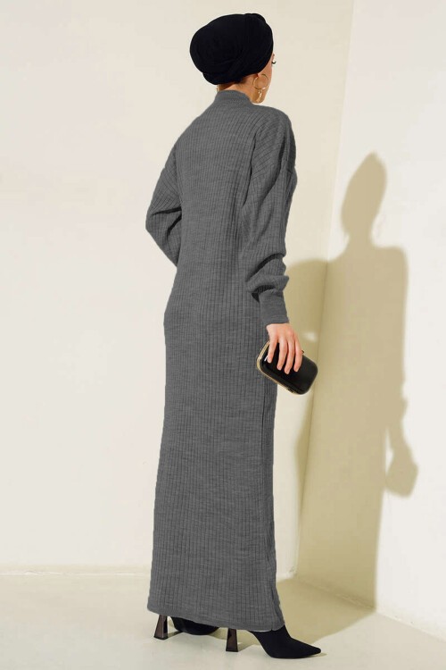 15900 Boydan Tesettür Triko Elbise - Antrasit