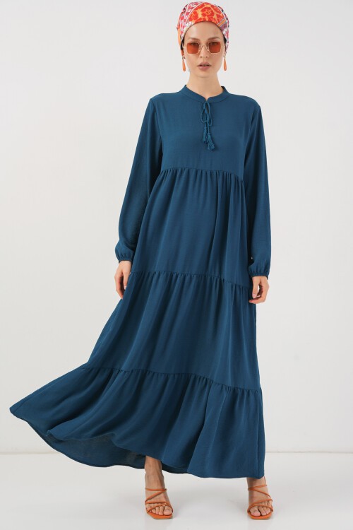 1627 Yaka Bağcıklı Tesettür Elbise - Petrol