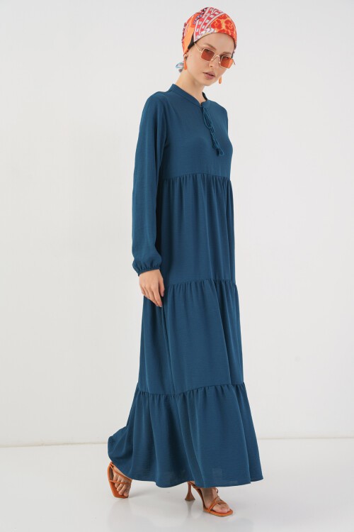 1627 Yaka Bağcıklı Tesettür Elbise - Petrol