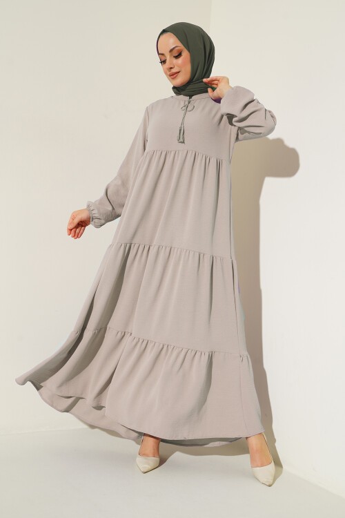 1627 Yaka Bağcıklı Tesettür Elbise - Taş