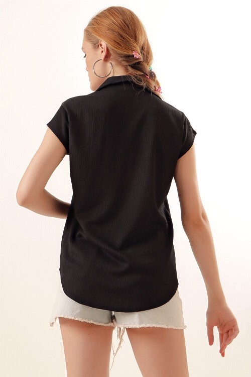 20123 Polo Yaka Örme Bluz - Siyah